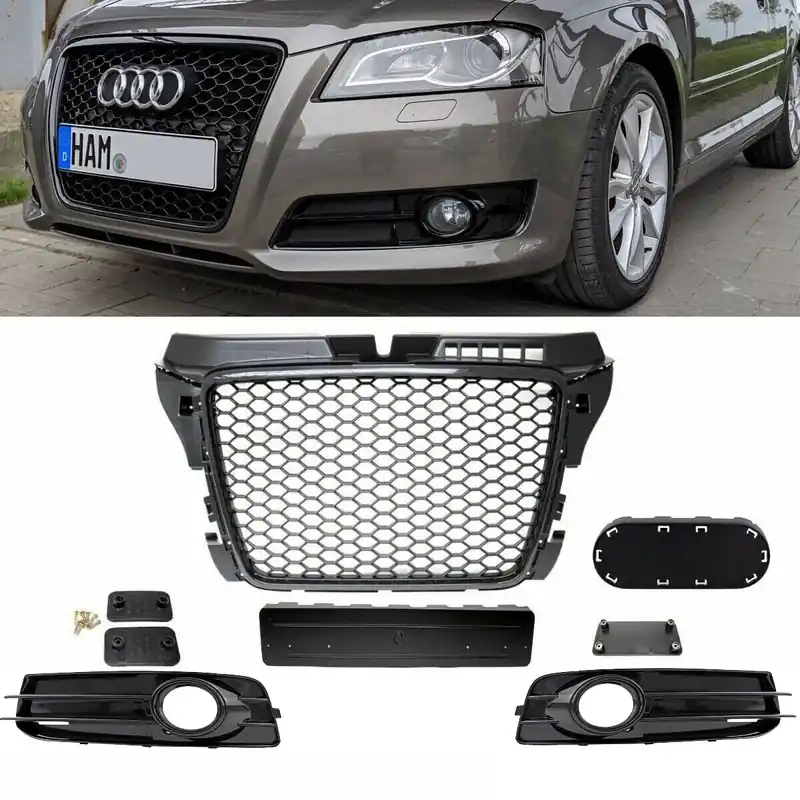 Set Wabengrill + Stoßstangengitter hochglanz Schwarz passt für Audi A3 8P Facelift S-Line ab 2008-2012 Preis Gesenkt