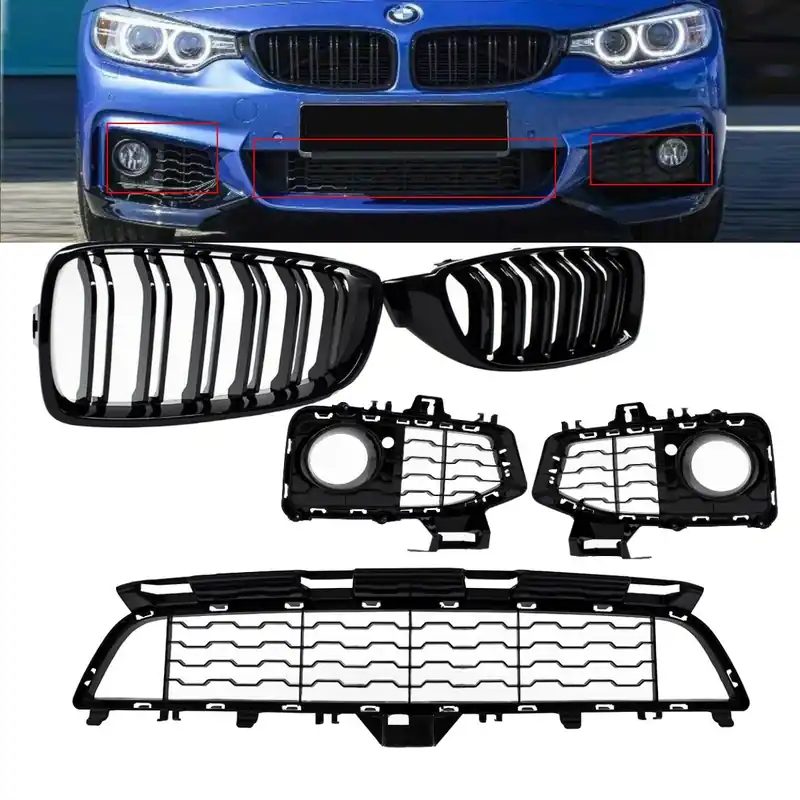 Set of front lower grille+ fogs cover black gloss +Dual Slat fits on BMW 4-Series F32 F33 F36 M-Sport Must-Have