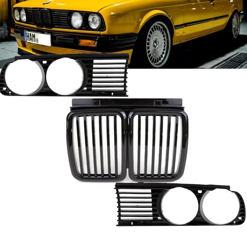 Scheinwerferblenden + Kühlergrill SET für BMW 3er E30 Facelift Limousine / Touring / Cabrio / Coupe in Schwarz Glanz Preisreduziert